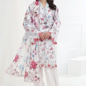 3 Piece Unstitched Schiffli Embroidered Lawn Suit with Printed Lawn Dupatta