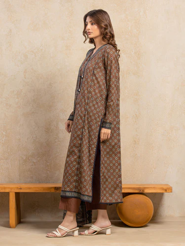 Unstitched 3 Piece Printed Khaddar - Dark Brown