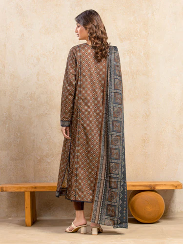 Unstitched 3 Piece Printed Khaddar - Dark Brown