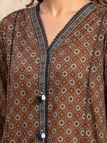 Unstitched 3 Piece Printed Khaddar - Dark Brown