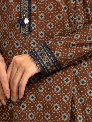 Unstitched 3 Piece Printed Khaddar - Dark Brown