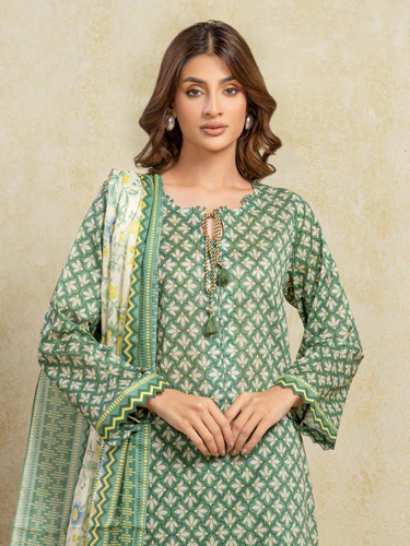 Unstitched 3 Piece Khaddar - Printed Green
