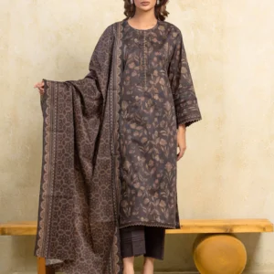 Unstitched 3 Piece Printed Khaddar - Dark Brown