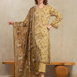 Unstitched 3 Piece Printed Khaddar - Light Gold
