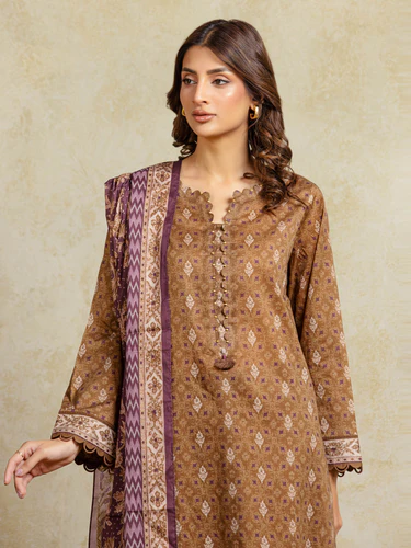 Unstitched 3 Piece Printed Khaddar - Brown
