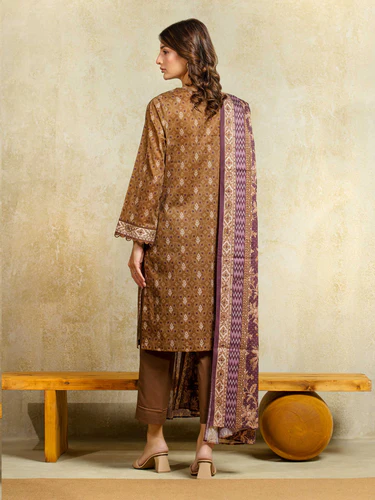 Unstitched 3 Piece Printed Khaddar - Brown