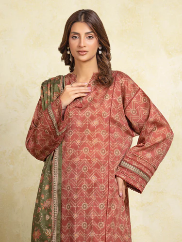 Unstitched 3 Piece Printed Khaddar - Light Maroon
