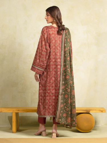 Unstitched 3 Piece Printed Khaddar - Light Maroon