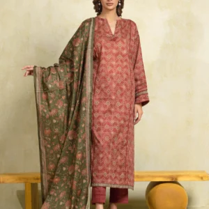 Unstitched 3 Piece Printed Khaddar - Light Maroon