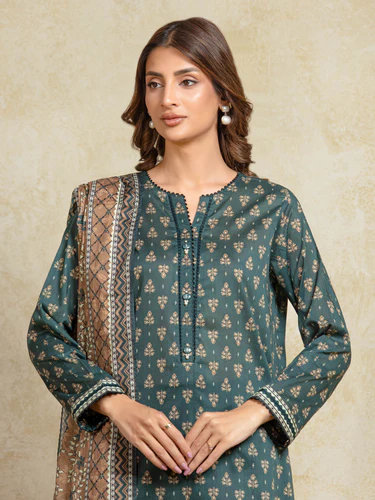 Unstitched 3 Piece Printed Khaddar - Dark Green