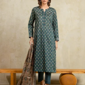 Unstitched 3 Piece Printed Khaddar - Dark Green
