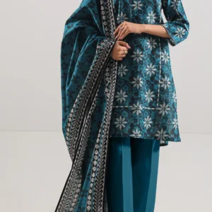 Unstitched 3 Piece Printed Cotton Khaddar - Turquoise Green