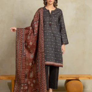 Unstitched 3 Piece Printed Khaddar - Black