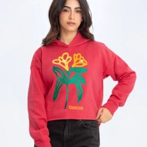 Pink Cropped Fleece Embroidered Pullover Hoodie