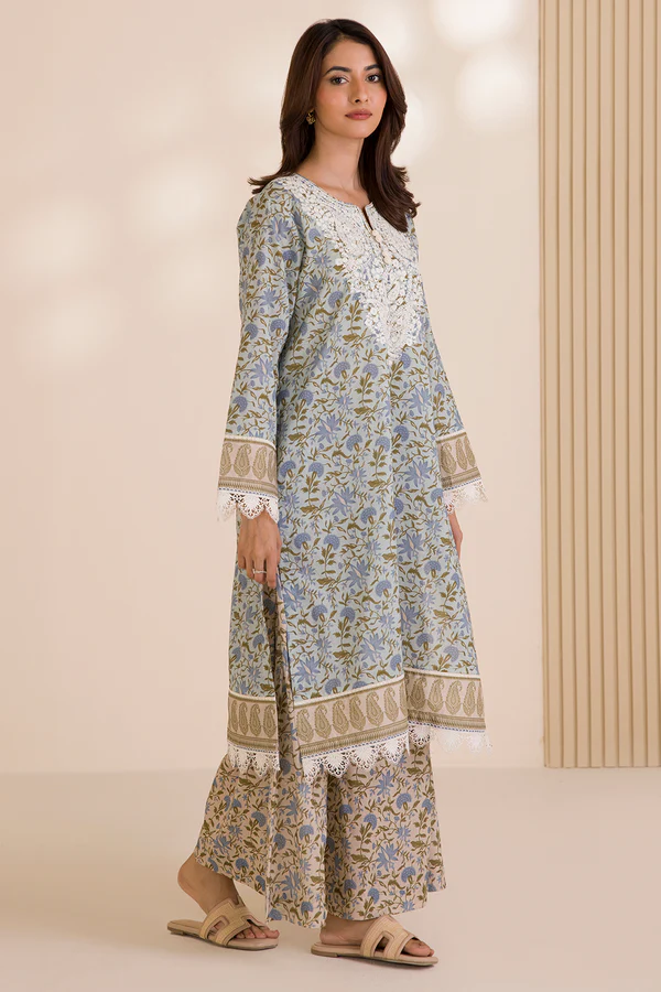 Unstitched Embroidered Cotton Shirt Shalwar - Beige