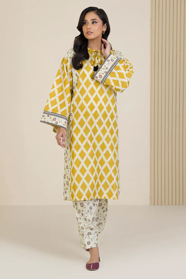 Unstitched Printed Cotton Shirt & Shalwar – Off White