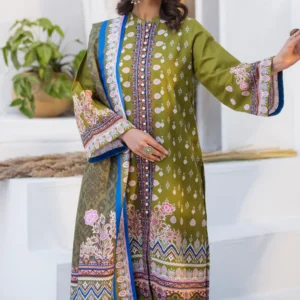 Unstitched 3 Piece Printed Khaddar - Olive Green