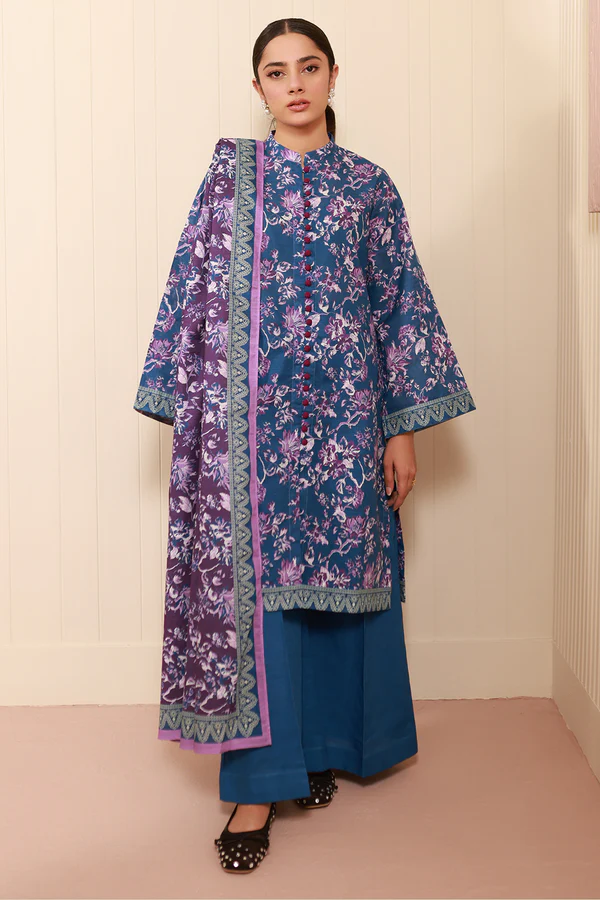 Unstitched 3 Piece Printed Khaddar - Blue