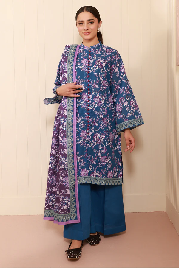 Unstitched 3 Piece Printed Khaddar - Blue