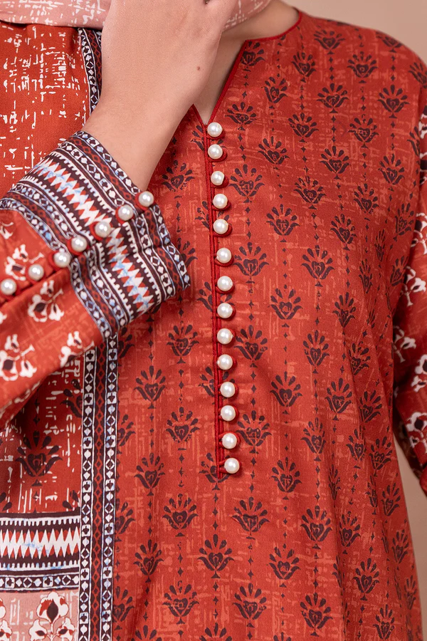 Unstitched 3 Piece Printed Viscose - Rust Orange