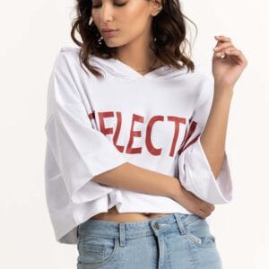 White Cropped Loose Fit Hoodie