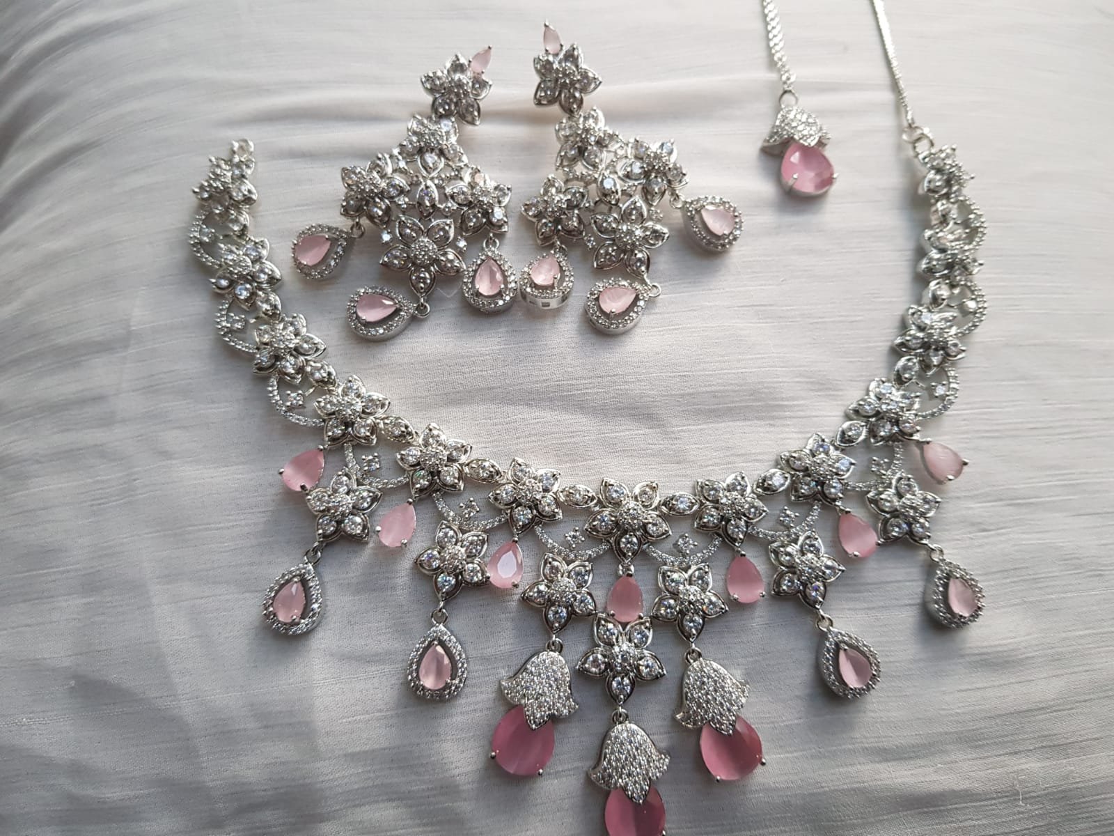 Luxury Pink Crystal Bridal Jewelry Set for Women | Zircon Wedding Necklace Set - Image 4