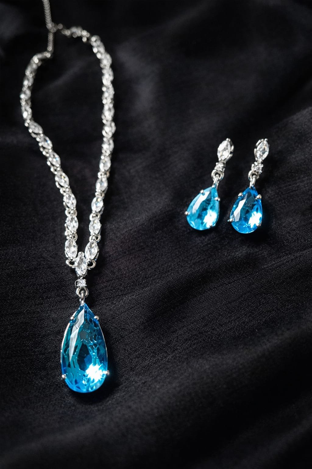 Elegant Royal Blue Teardrop Crystal Necklace & Earrings Set – Silver-Plated Bridal & Party Wear - Image 2