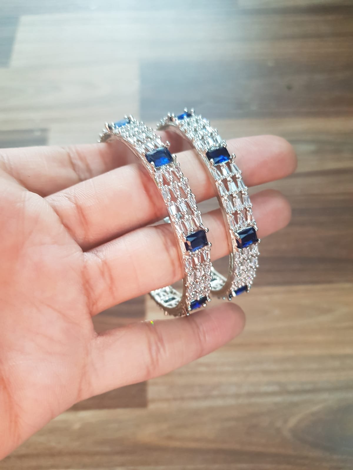 Royal Blue Sapphire Slim Kada Bangles for Women | Luxury Silver Rhodium Jewelry - Image 2