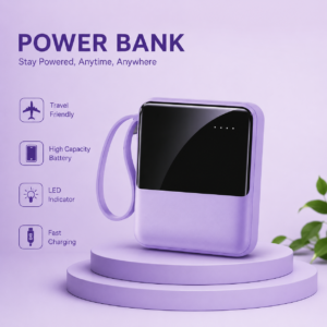 Purple portable power bank with LED display and wrist strap shown in retail packaging.