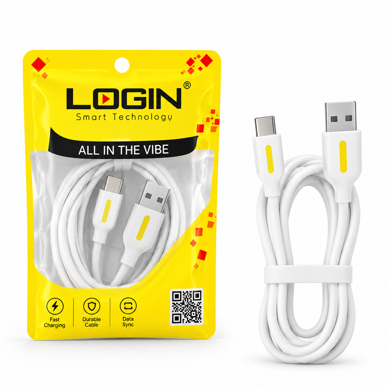 LOGIN USB Type C fast charging cable in white with retail packaging.